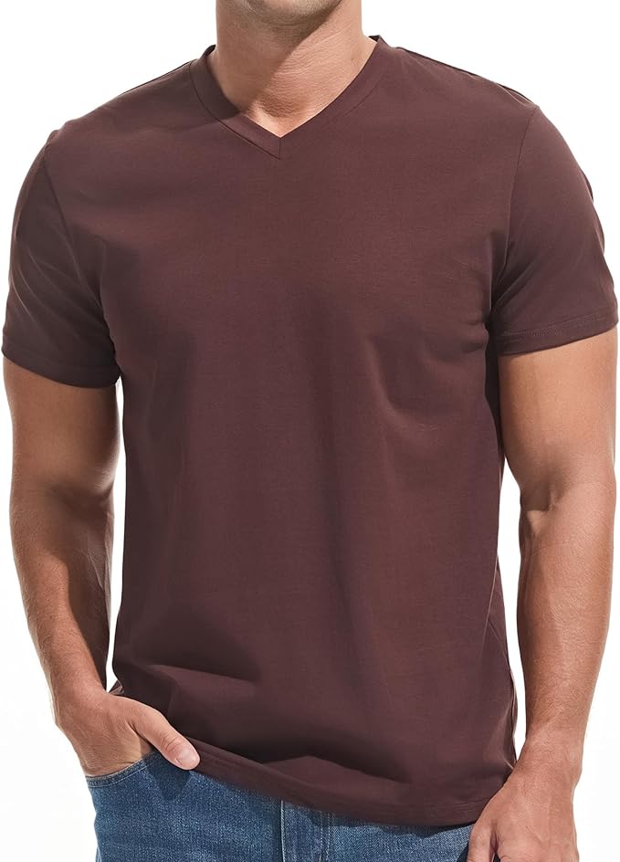 Close up of a men's premium V-neck t-shirt showing the fitted fabric texture and neckline detail.