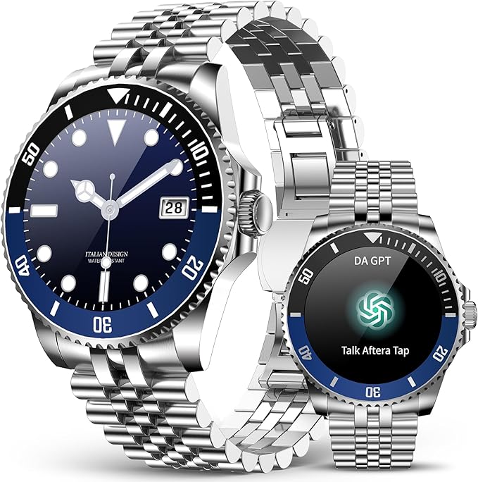 2025 DA GPT Smart Watch for Men, Heart Rate, Blood Pressure, Blood Oxygen, Sleep Monitor, 107 Sports Modes, 1.19-inch AMOLED Display, Waterproof Round Watch, Compatible Android and iOS Silver Blue