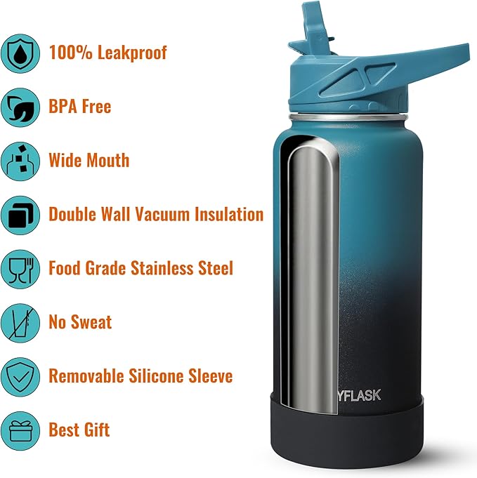 40oz Insulated Water Bottle with Straw, Stainless Steel Metal Vacuum Water Flask, Large Thermal Water bottle with Leakproof 3 Lids for Travel, Camping, Gym Sports Black