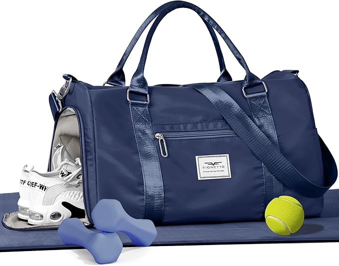 FIORETTO Womens Gym Tote Duffle Bag with Wet Pocket & Shoe Compartment, Sports Duffel Overnight Weekender Hospital Workout Carry on Bag for Girls, Ideal for Travel, Swimming, Dance, Ballet Navy Blue