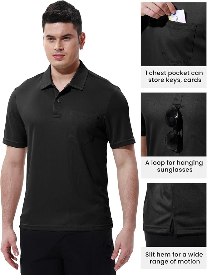 Men's Quick Dry Golf Polo Shirt with Chest Pocket & Tech Fabric