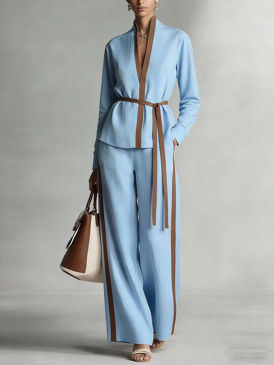 Women’s Contrast Trim Belted Cardigan and Wide Leg Pants Set - Image 9