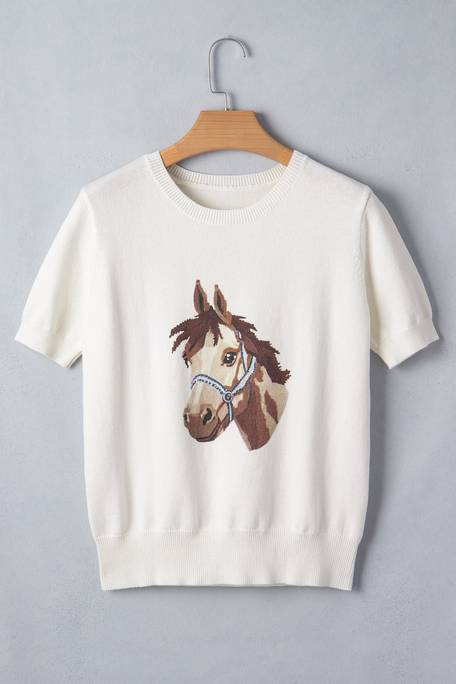 Regina Horse Graphic Short Sleeve Knit Sweater - Preppy Crew Neck