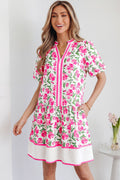 Aliya floral print short dress with puffy sleeves and bold color block trim