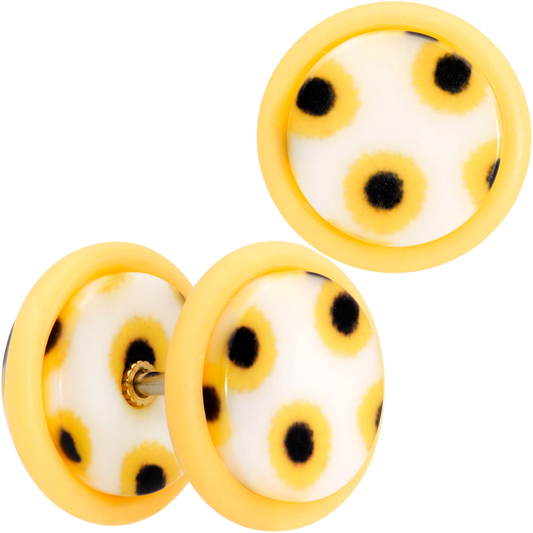 A pair of yellow and white sunflower design cheater plugs with surgical steel posts