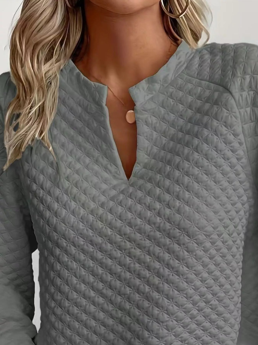 White Quilted Notched Neck Long Sleeve Sweatshirt - Image 19