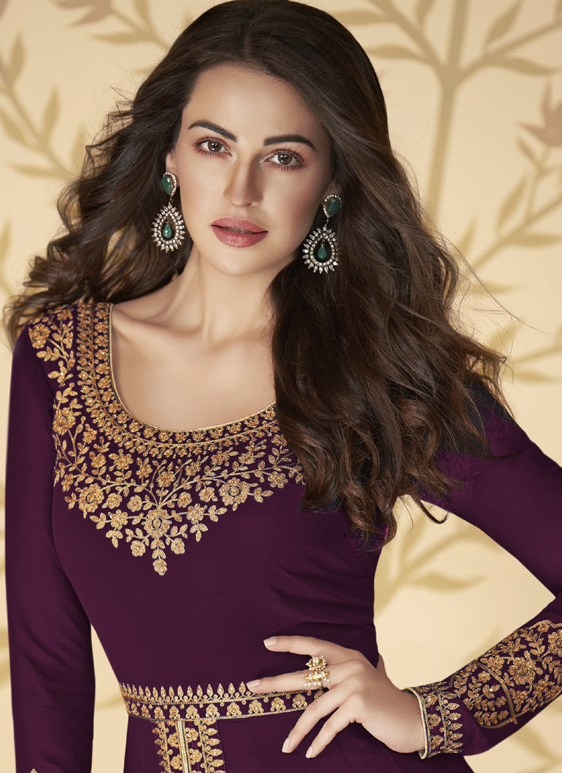 Wine Georgette Embroidered A-Line Anarkali Suit Set