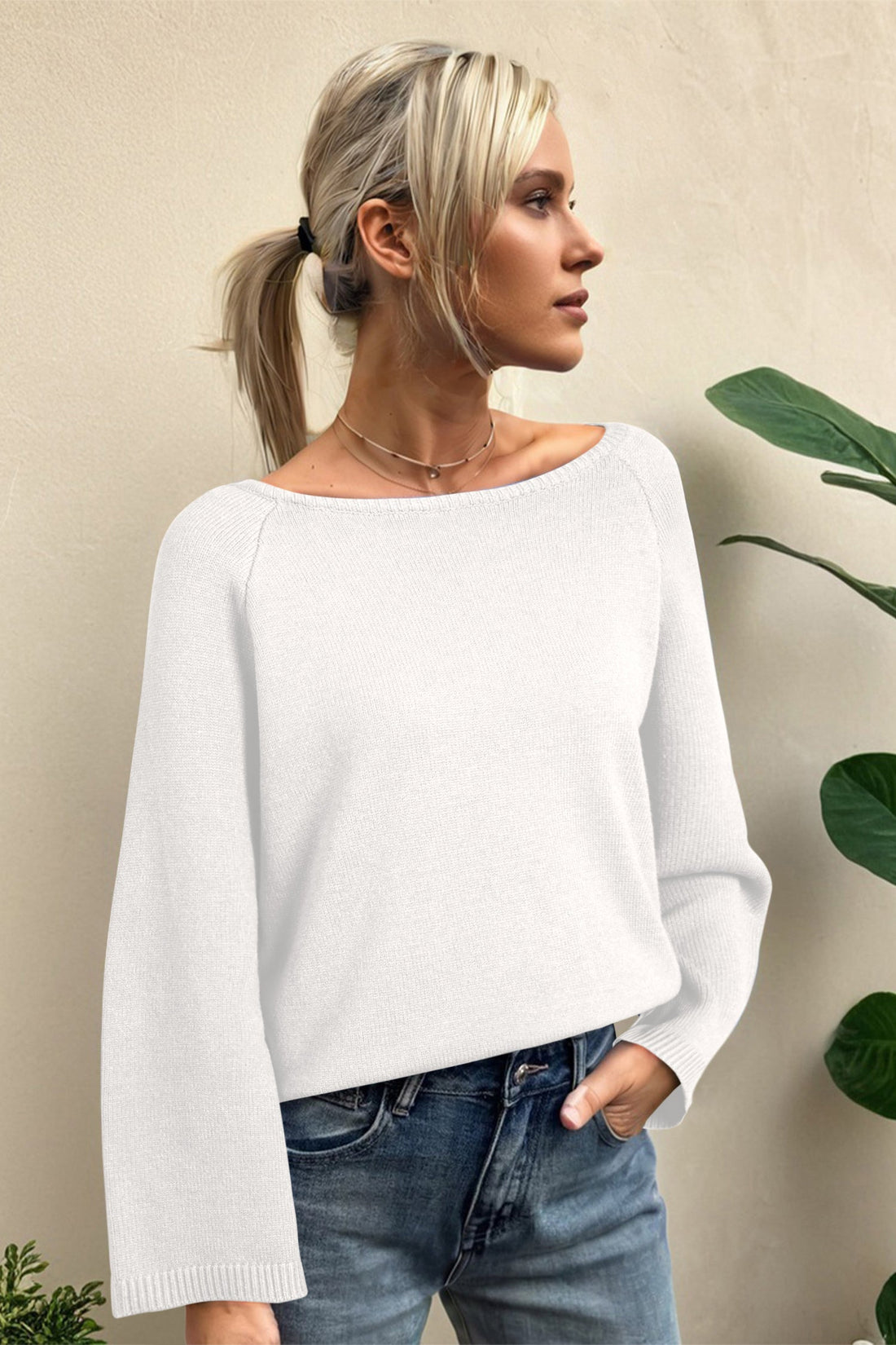 White Solid Color Knit Dolman Sweater with Bracelet Sleeves