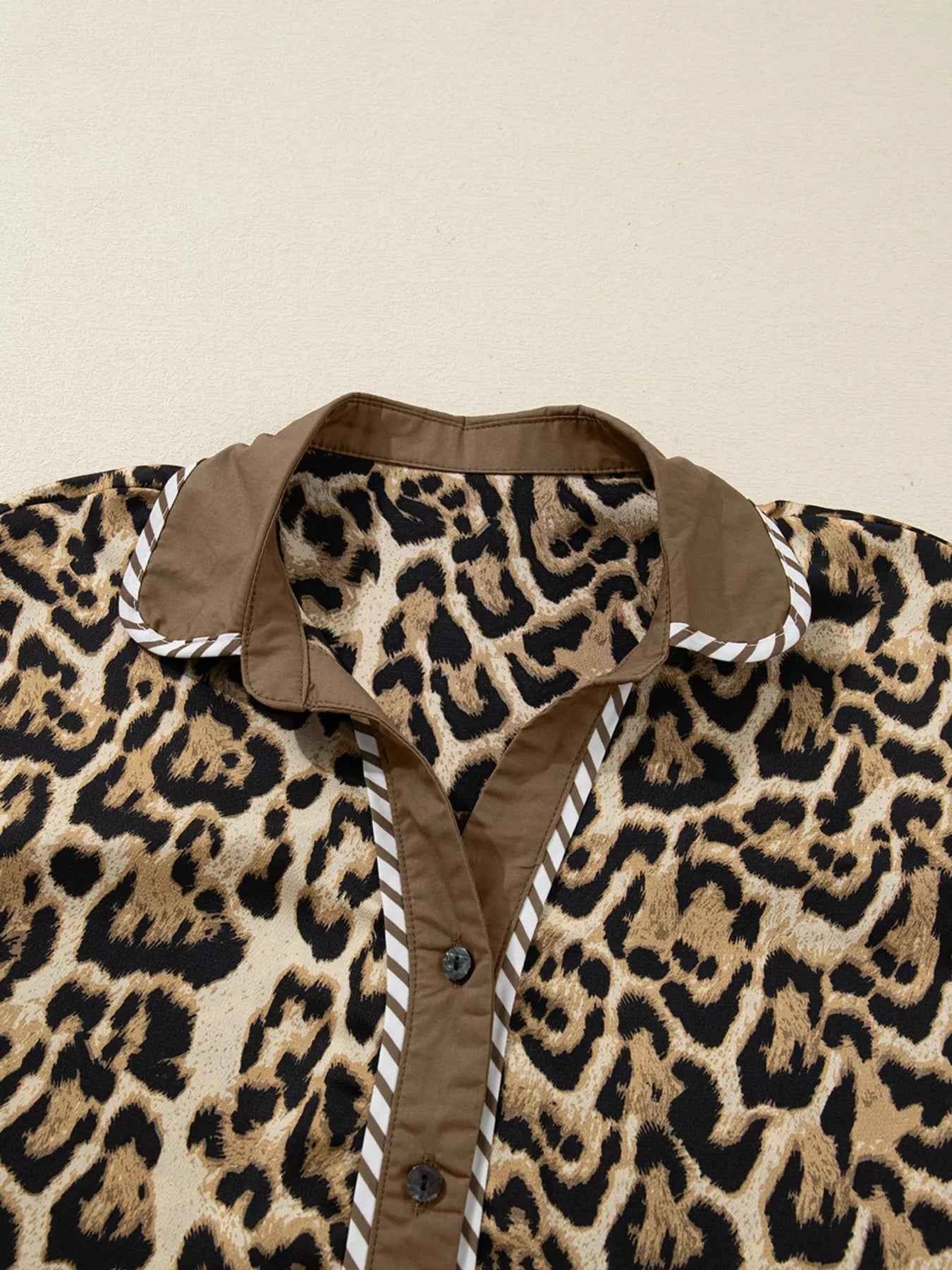 Leopard Collared 3/4 Sleeve Shirt and Loose Pants Two Piece Outfit Set