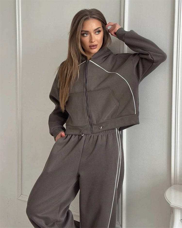 Women’s Solid Color Hooded Zip Up Jacket and Jogger Set - Image 8