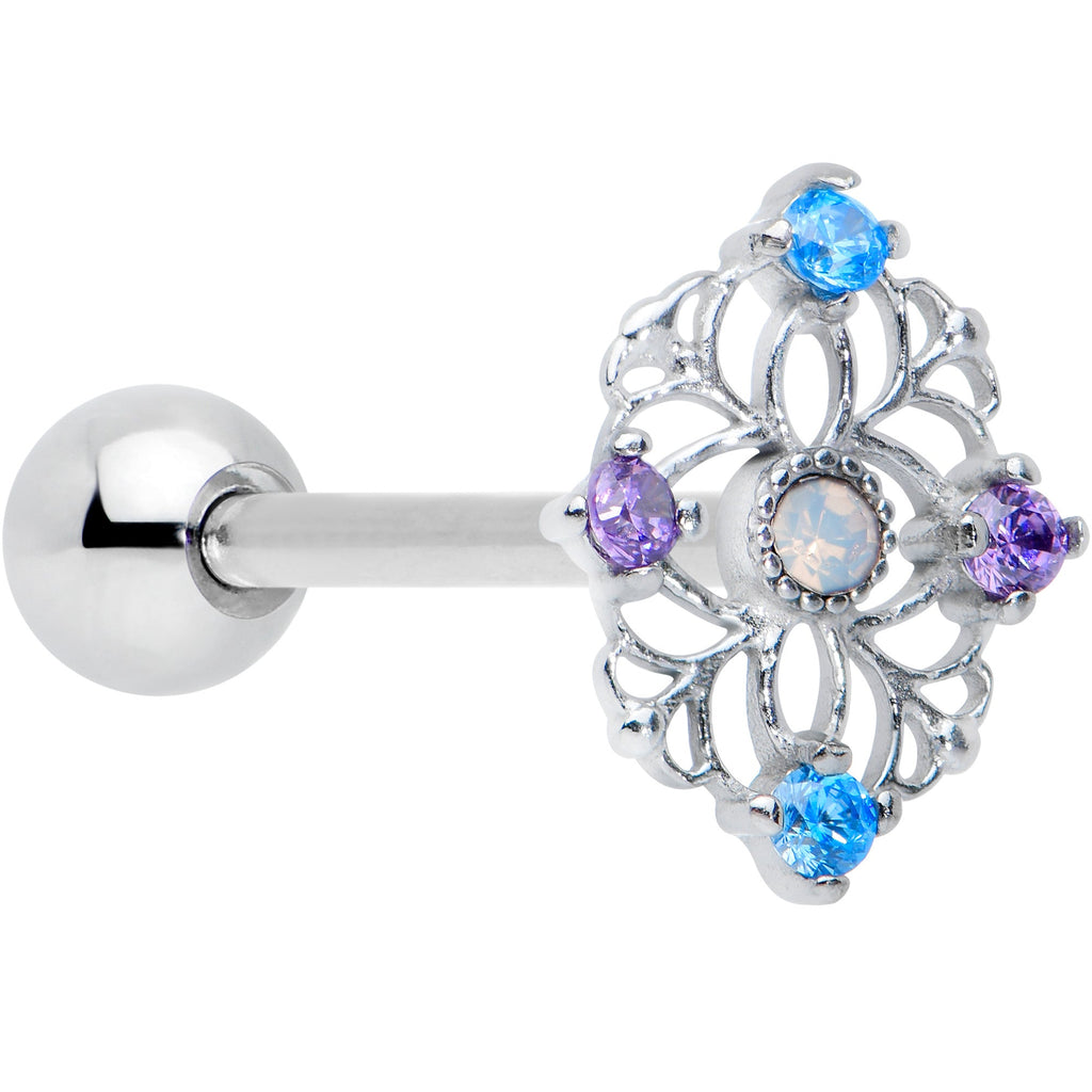 White Synthetic Opal Floral Web Barbell Tongue Ring featuring blue and purple gemstone accents on a surgical steel barbell.