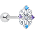 White Synthetic Opal Floral Web Barbell Tongue Ring featuring blue and purple gemstone accents on a surgical steel barbell.