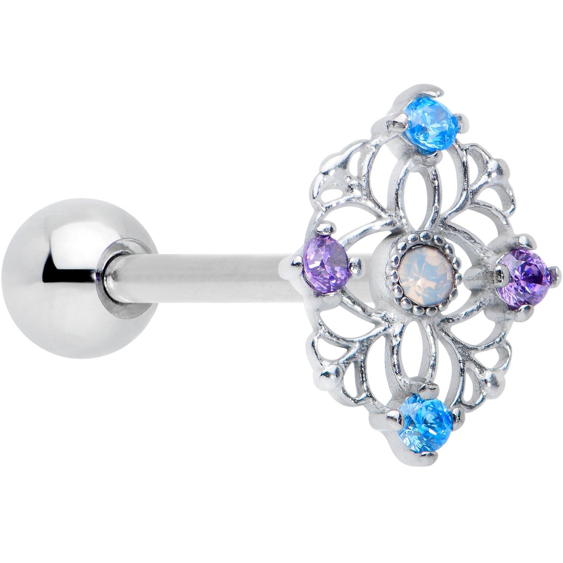 White Synthetic Opal Floral Web Barbell Tongue Ring featuring blue and purple gemstone accents on a surgical steel barbell.