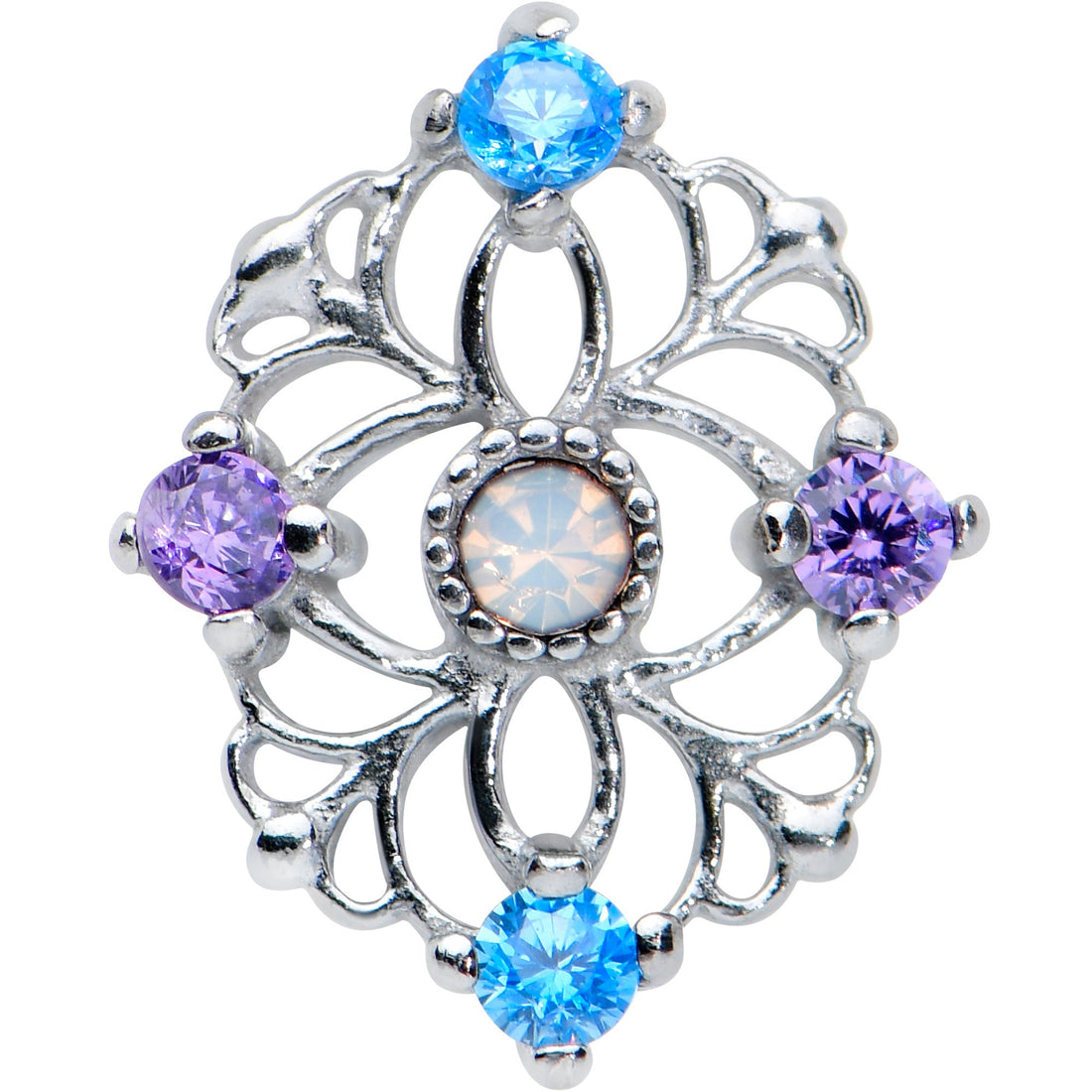 White Synthetic Opal Floral Web Barbell Tongue Ring 14 Gauge - Image 2