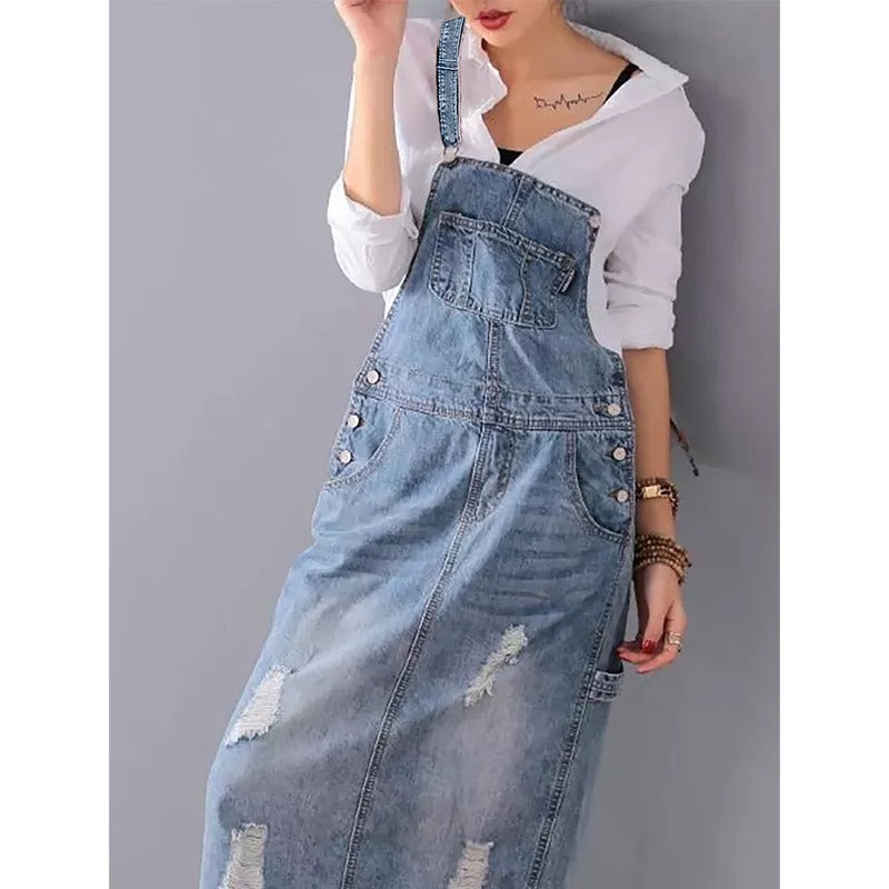 Distressed Blue Denim Overall Midi Dress with Adjustable Straps - Image 3