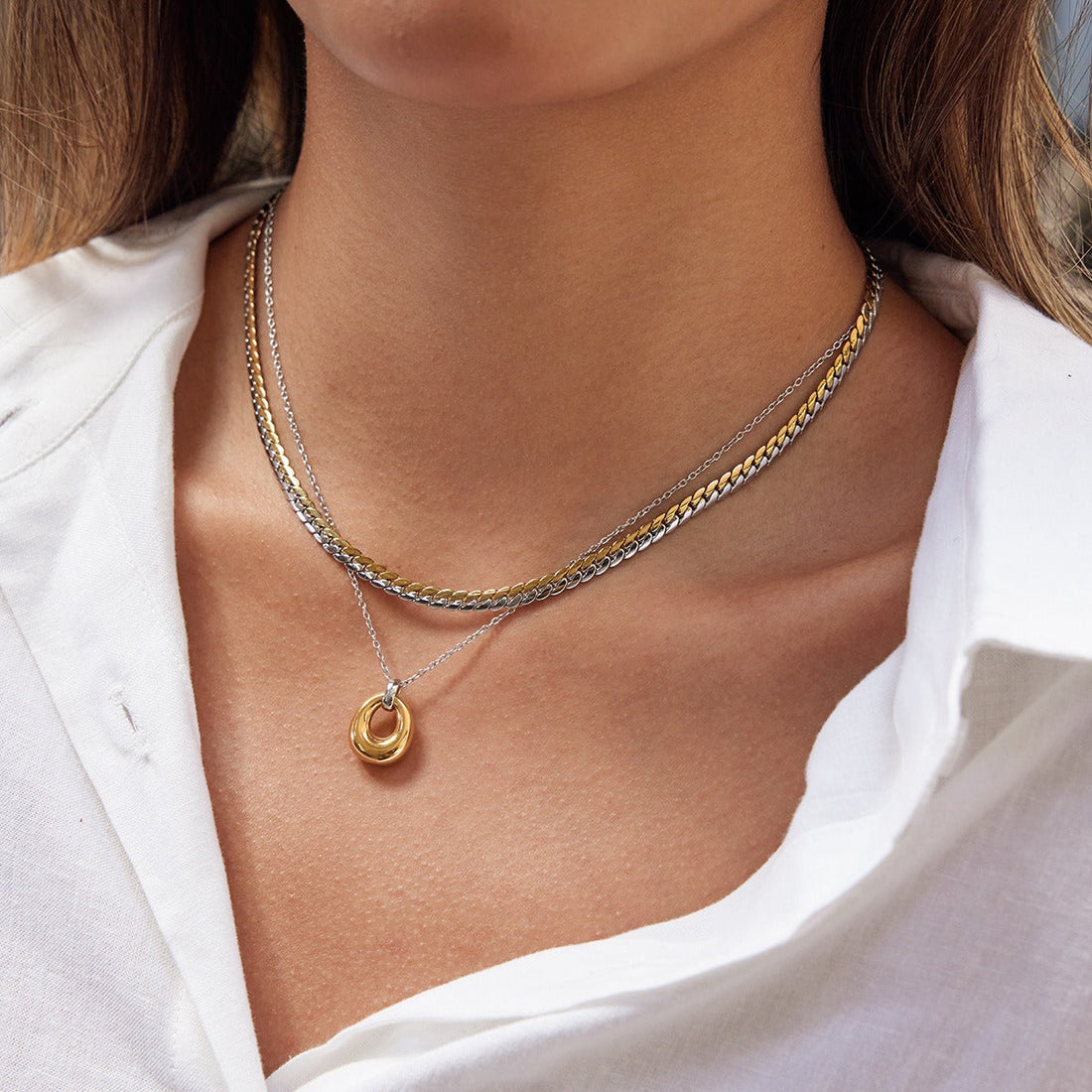 Two-Tone 18K Gold and S925 Silver Layered Chain Necklace