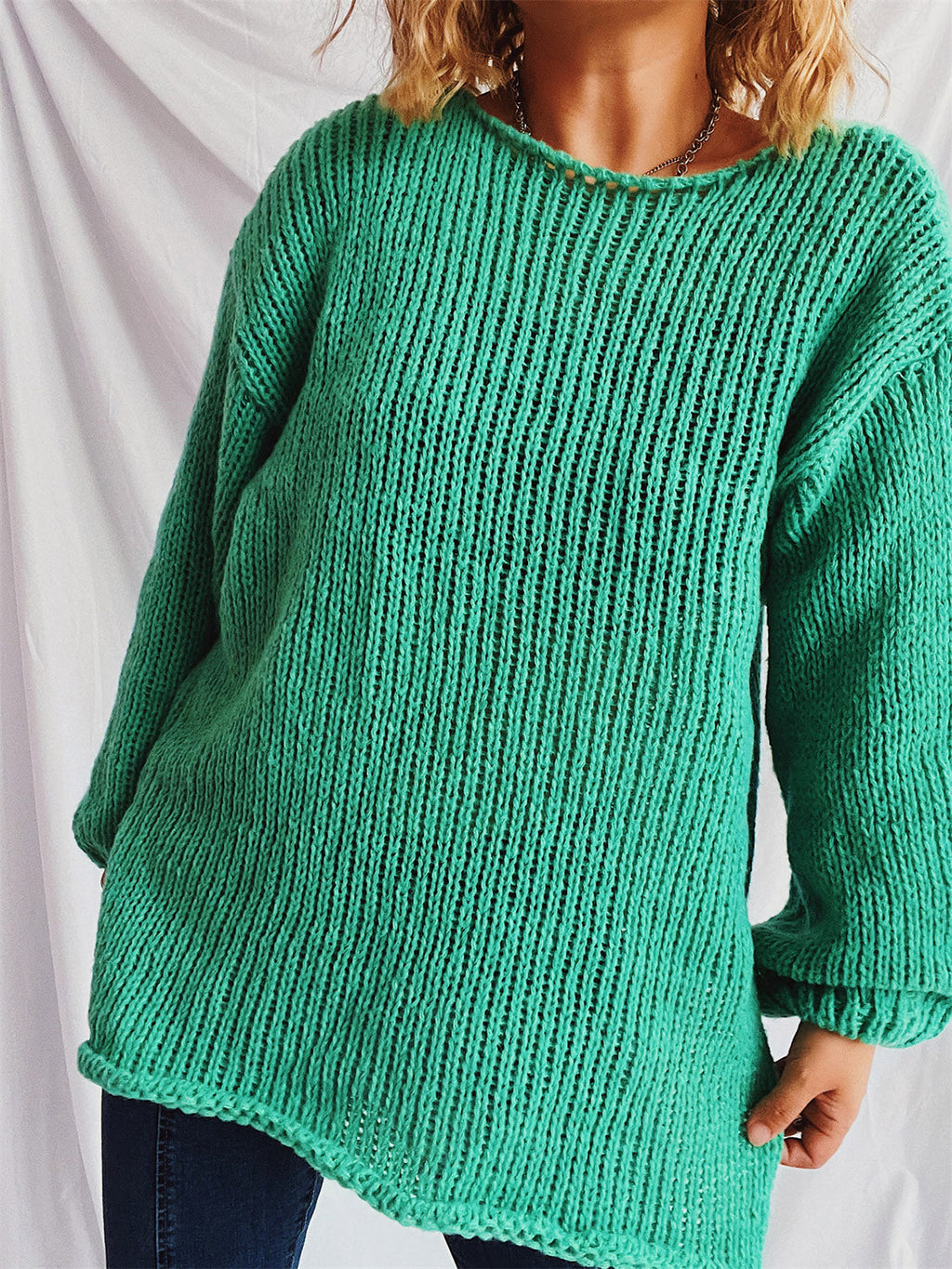 Women's White Boat Neck Dropped Shoulder Loose Knit Sweater - Image 16