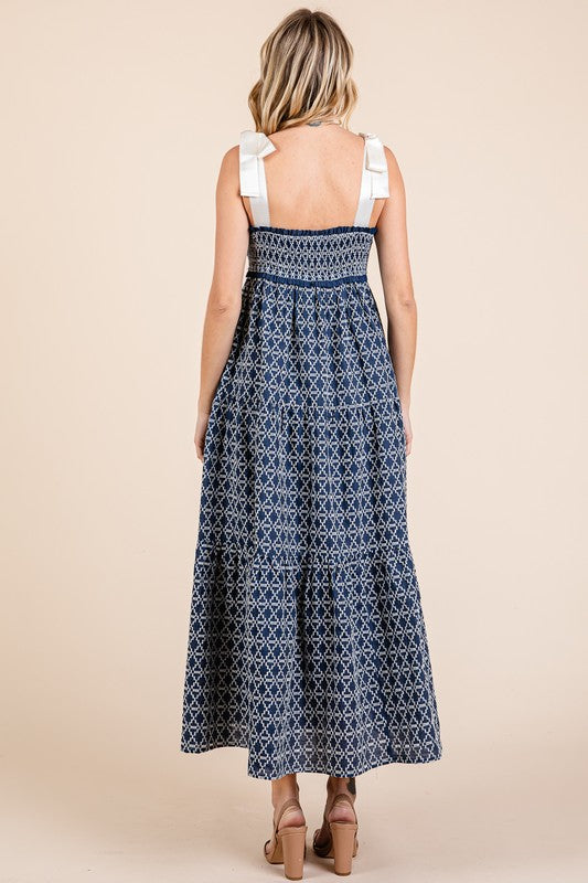 Geometric Embroidered Smocked Tie Shoulder Midi Dress