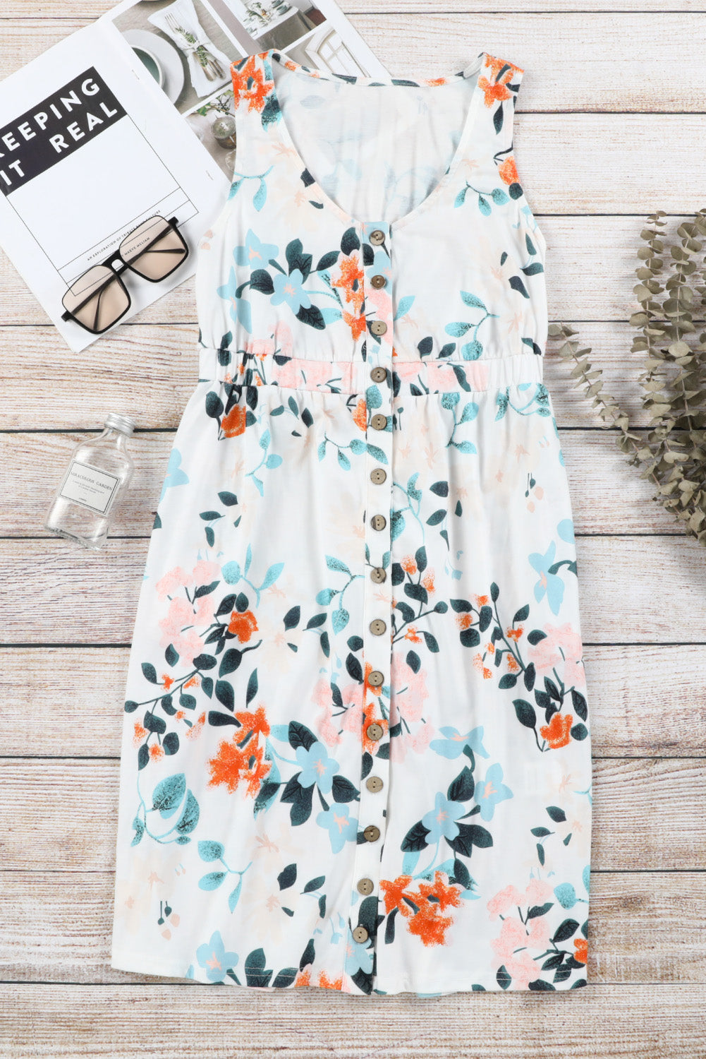 Floral Sleeveless Button Up Waist Mini Dress