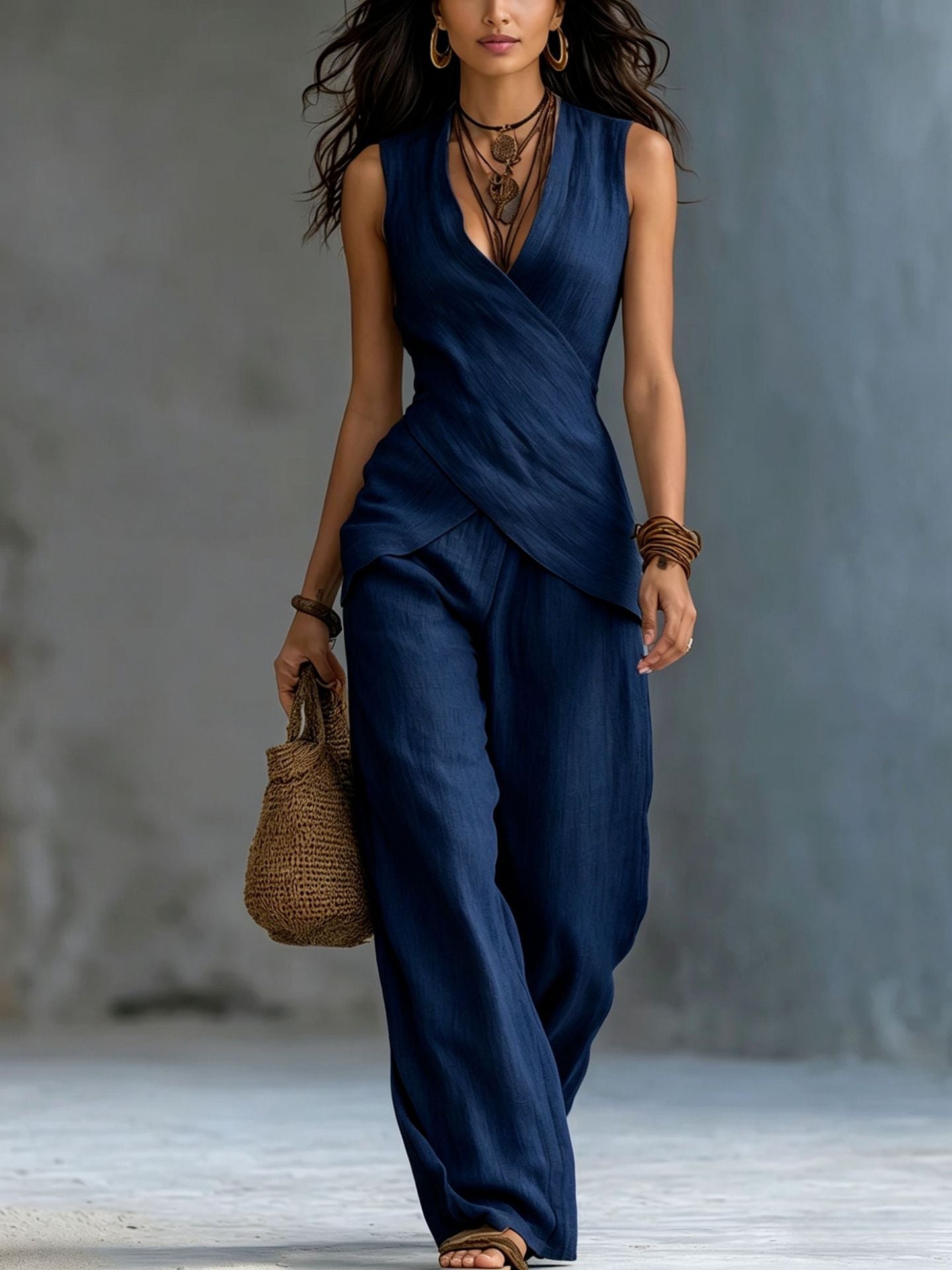 Women's Linen V-Neck Crossover Tank & Casual Trousers Set
