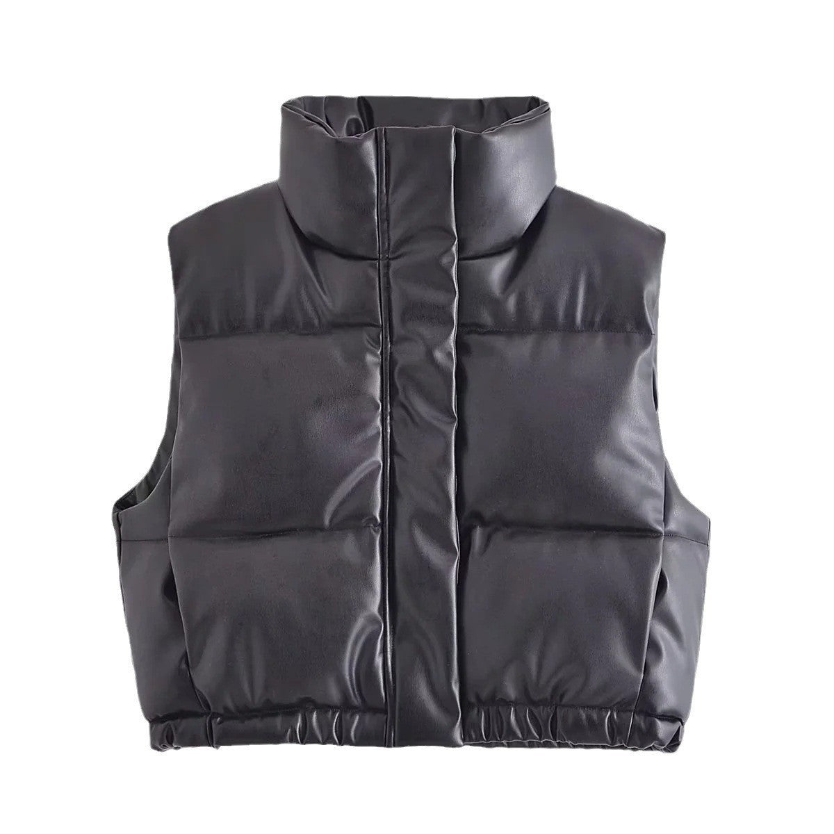 Women's Cropped PU Leather Puffer Vest with Stand-Up Collar - Image 3