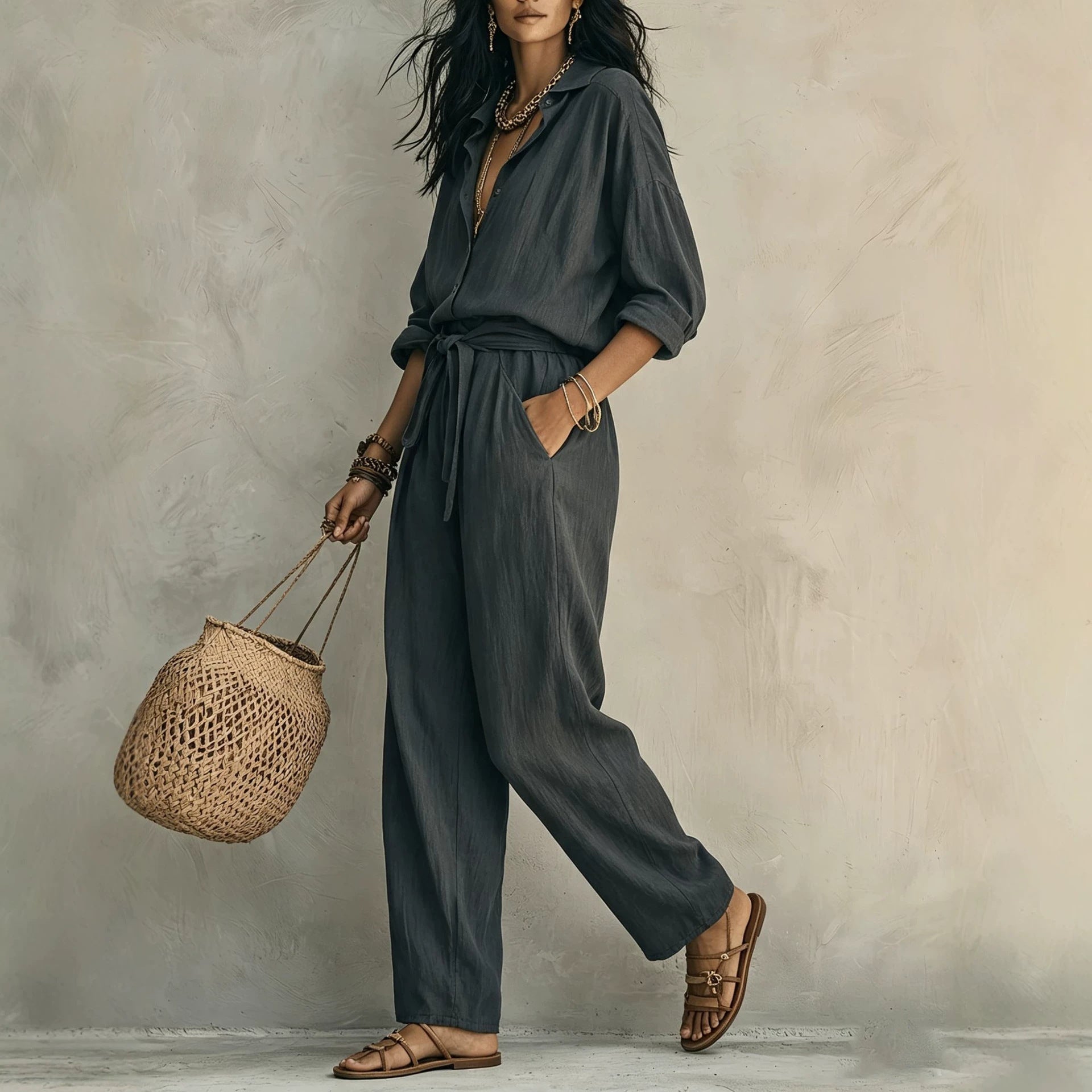 Linen-Look Shirt & Wide-Leg Trouser Set | Drawstring Waist 2-Piece | Gray