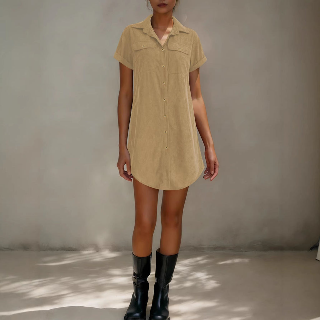 Women's Short Sleeve Corduroy Shirt Dress Casual Button Down - Image 3