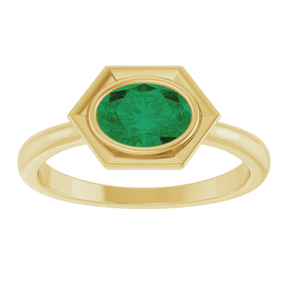 14K Gold Hexagonal Oval Emerald Statement Ring