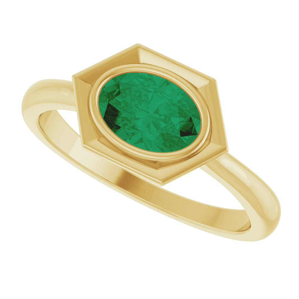 14K Gold Hexagonal Oval Emerald Statement Ring