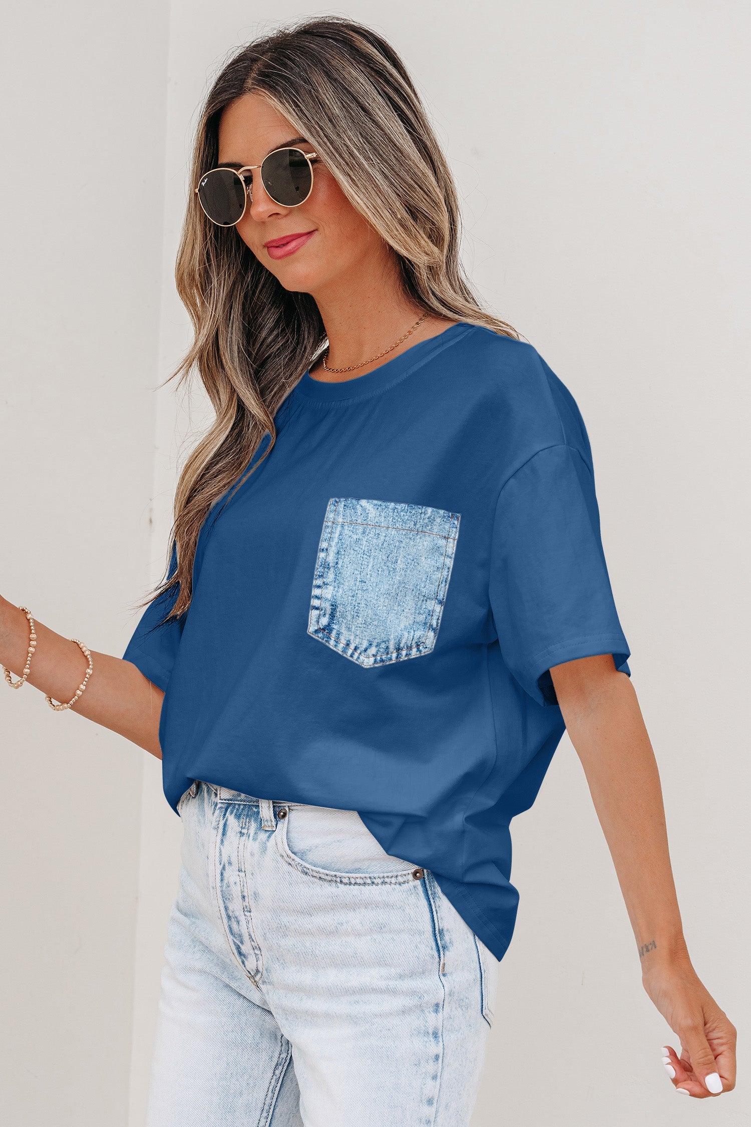 Colorblock Chest Pocket Patch Short Sleeve Top