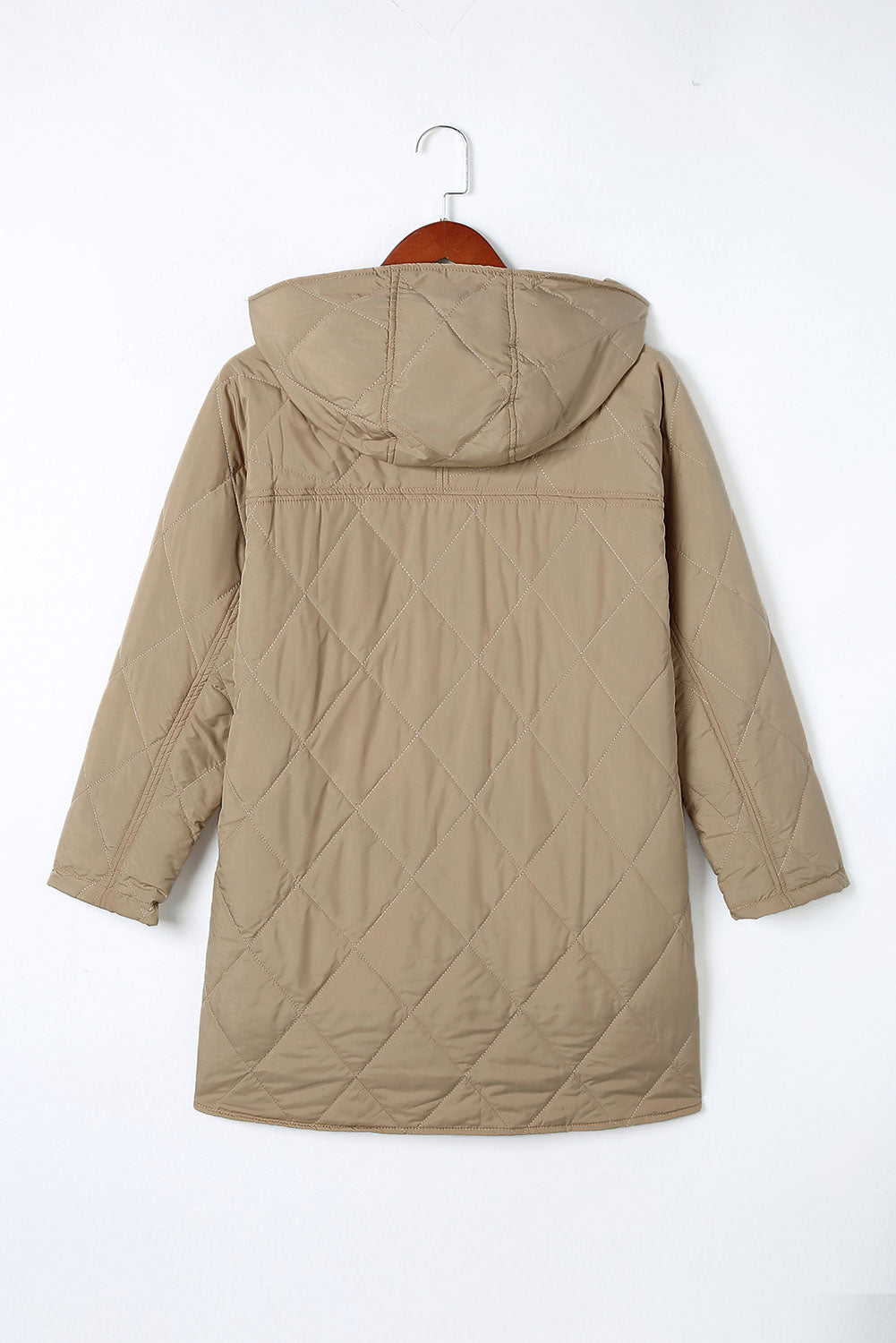 Women's Solid Quilted Snap Button Hooded Puffer Coat in Beige Khaki