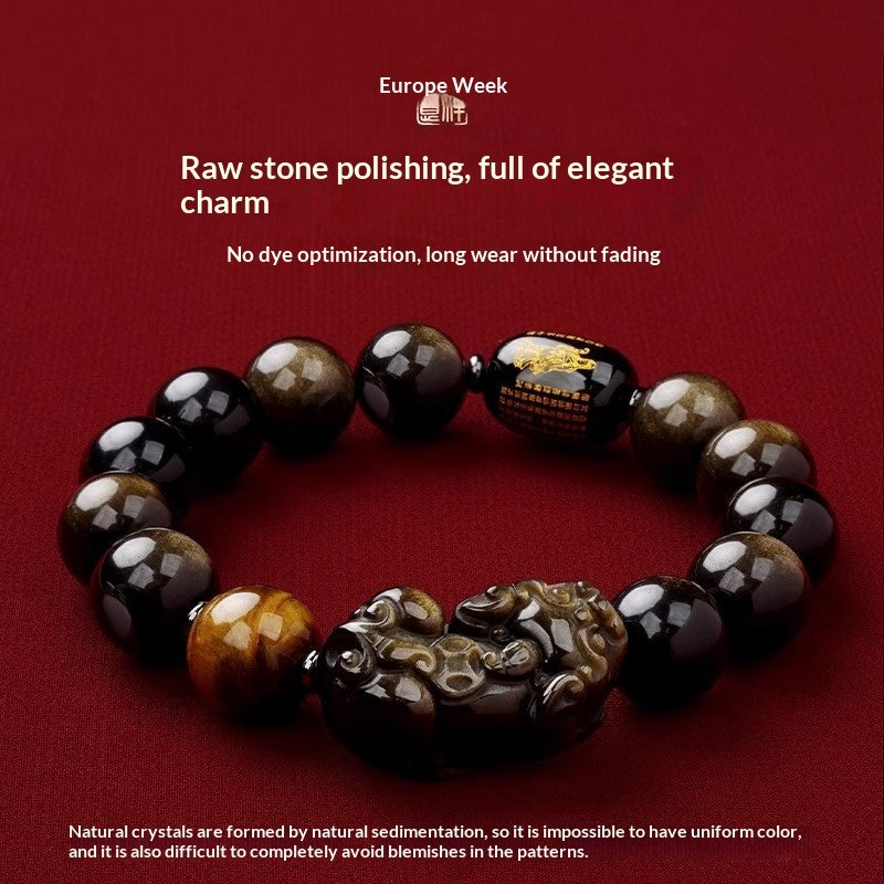 Polished natural obsidian bead bracelet with sacred engraving and wealth-attracting Pi Xiu charm