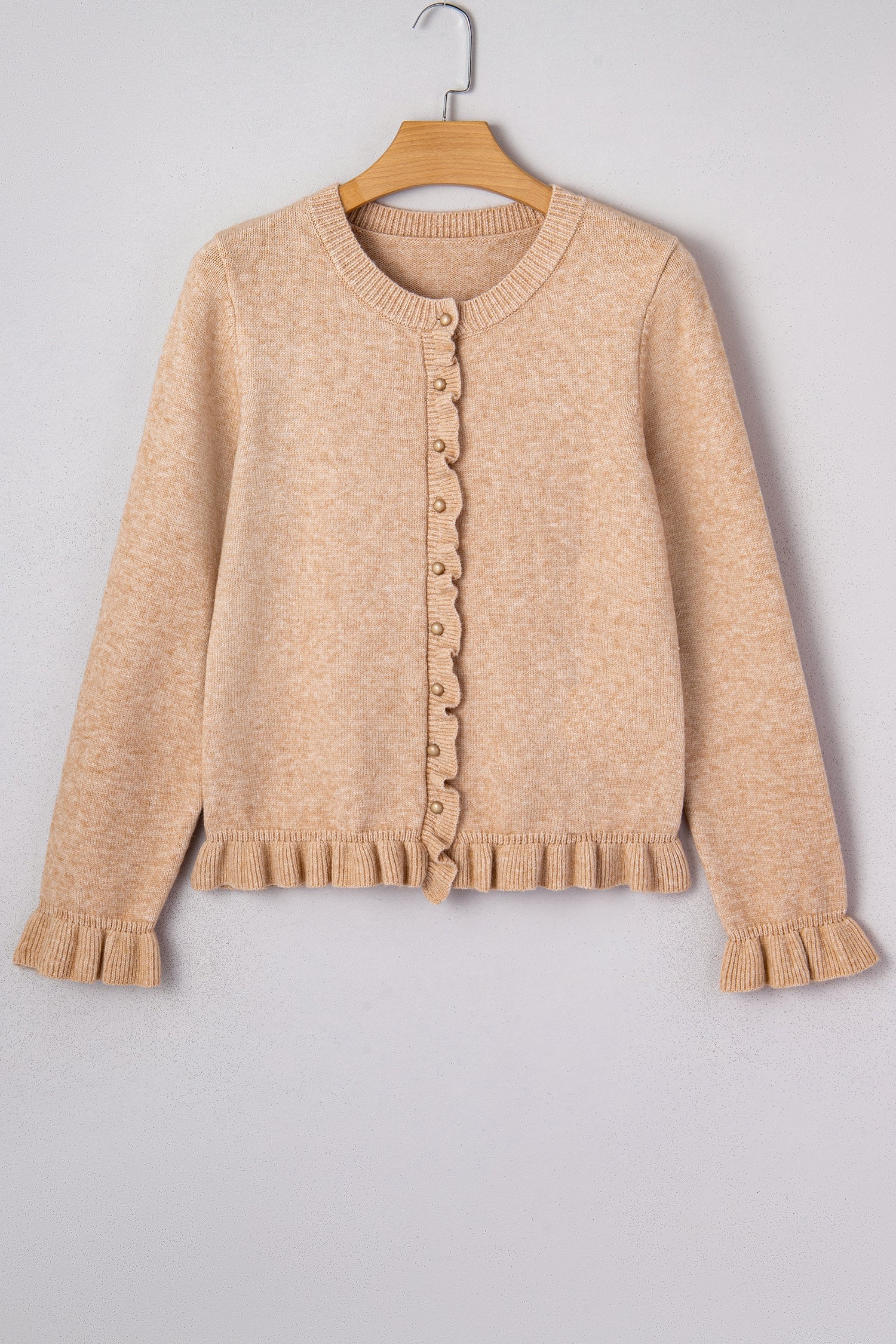 Yamileth Oatmeal Ruffle Trim Gold Button Cardigan