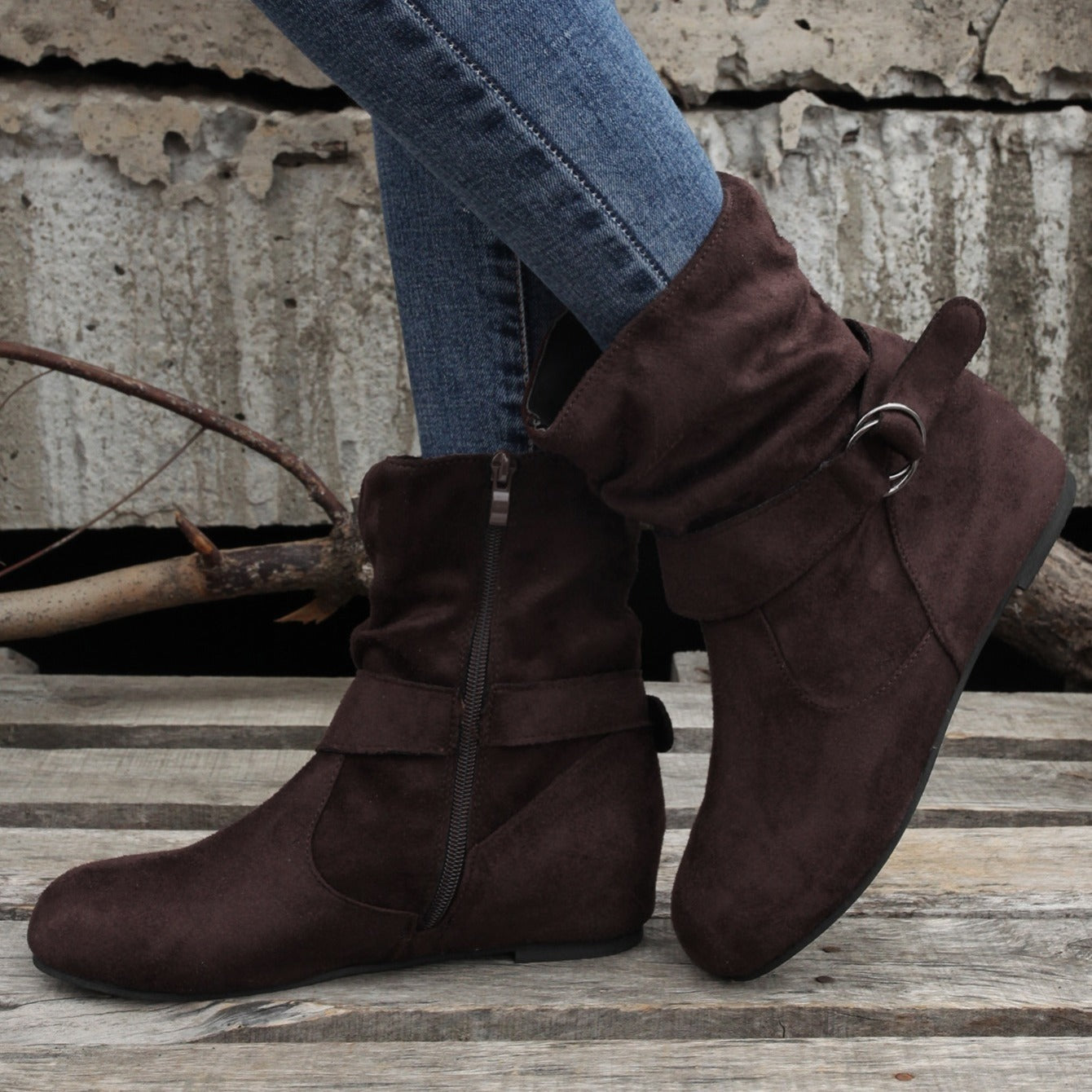 Women's Ankle Boots with Buckle Belt & Side Zip