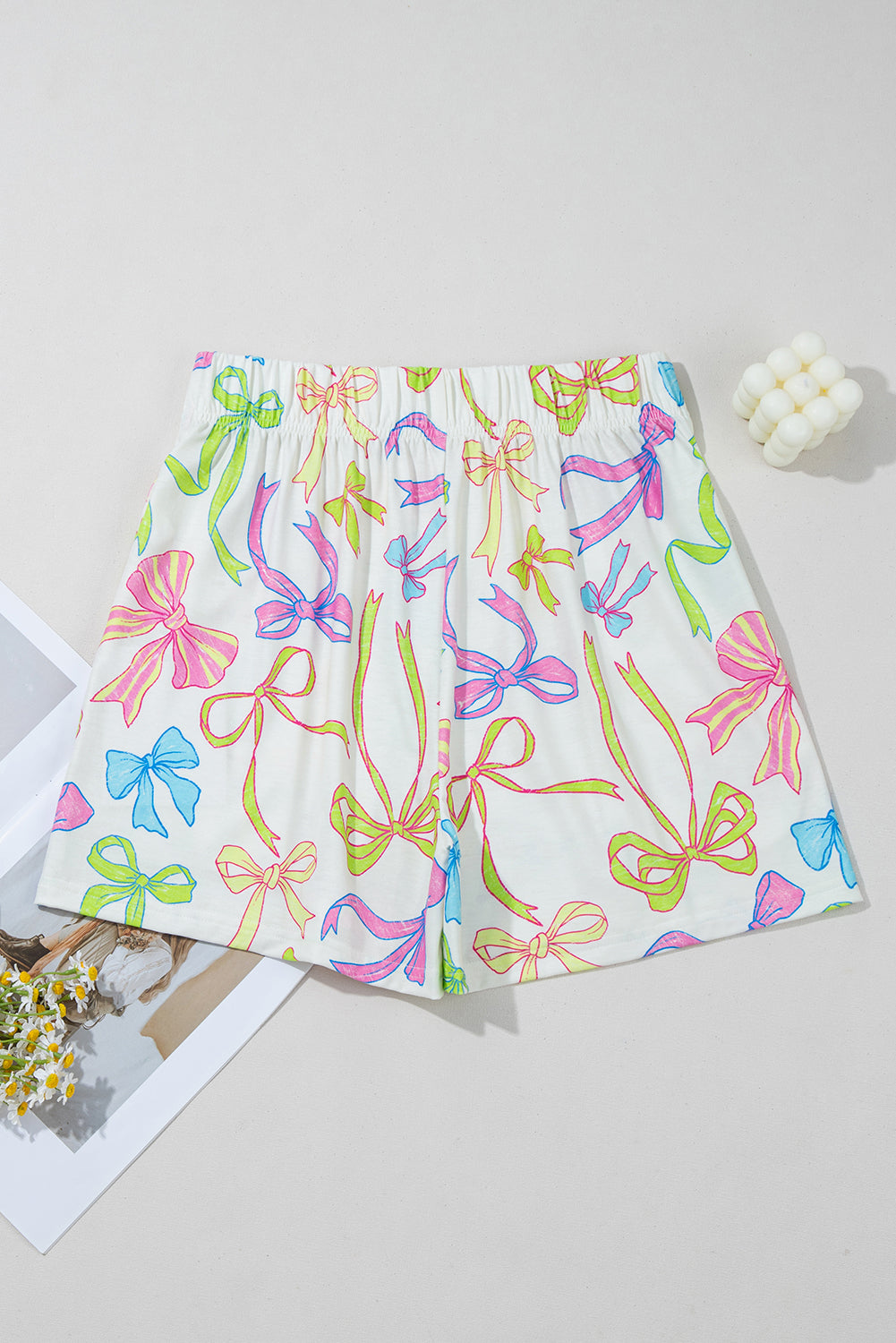 White Colorful Bow Print Pocket Shorts | Summer Elastic Blend
