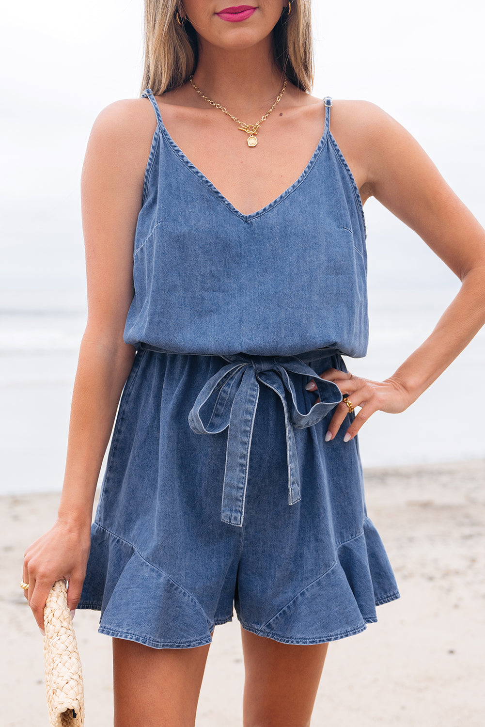 Ashleigh Blue Chambray Romper Spaghetti Straps Belted