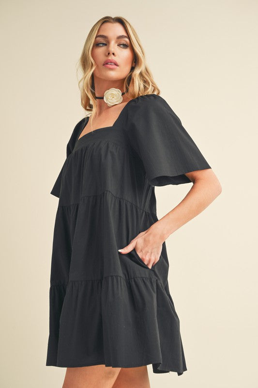 Square Neck Half Sleeve Tiered Summer Dress with Ruched Details