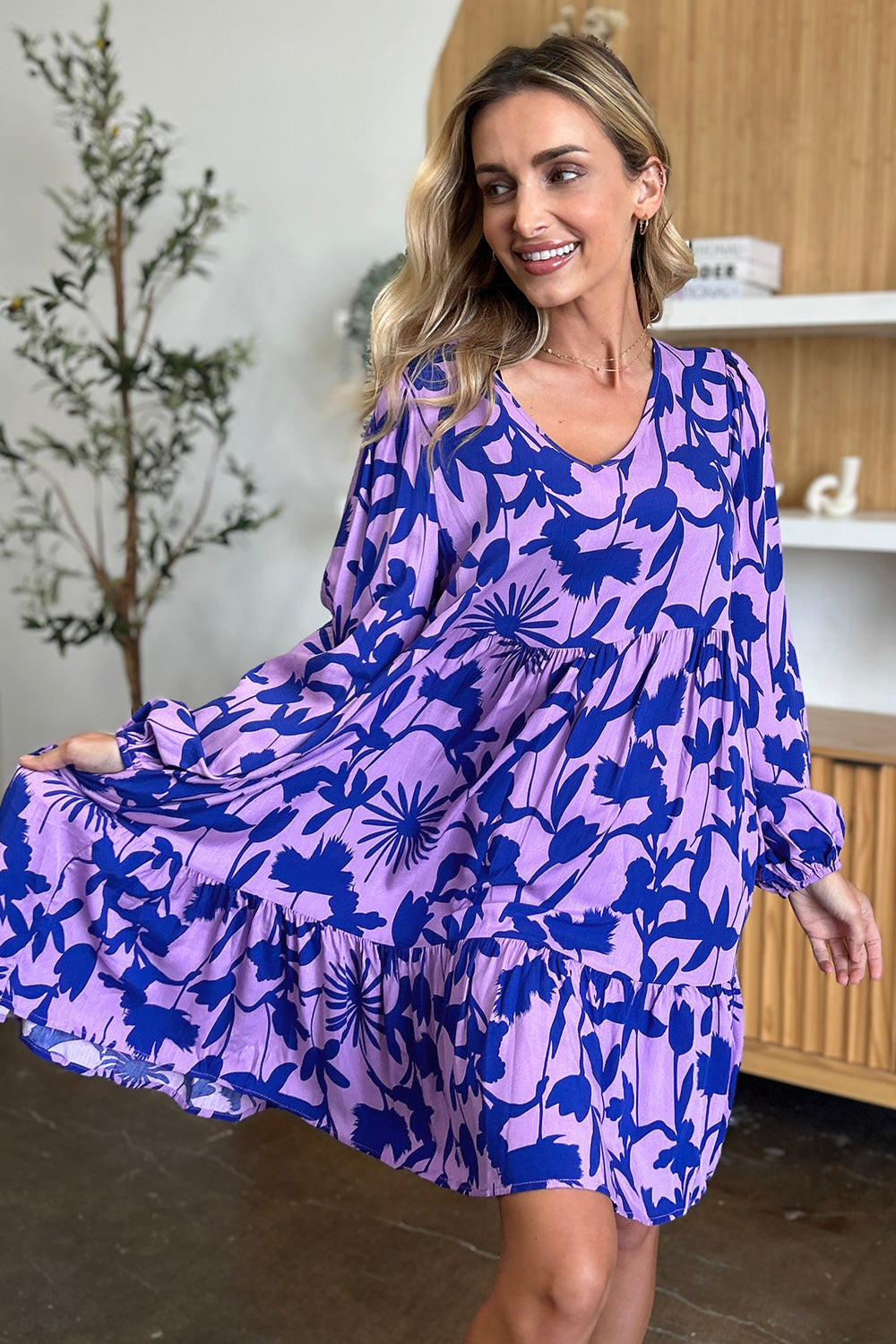 Printed Ruffle Hem Dress with Functional Pockets