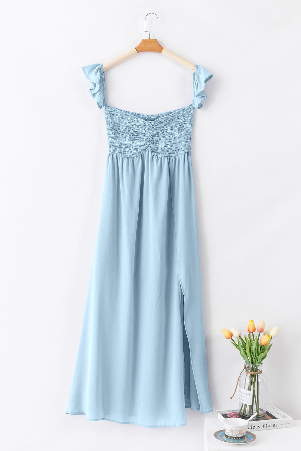 Off Shoulder Ruched Bust Sheer Slit Maxi Dress in Light Blue