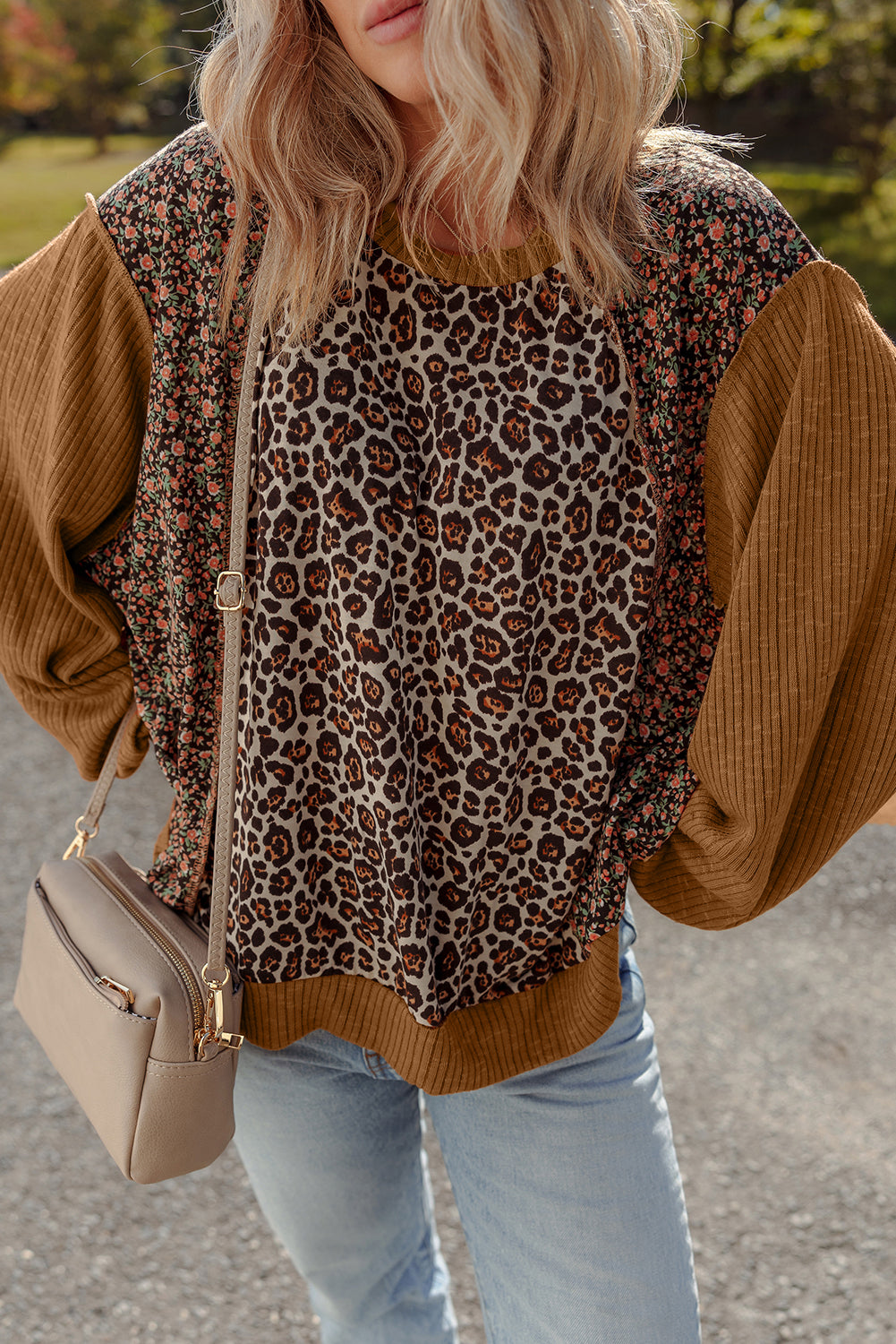 Leopard Floral Patchwork Ribbed Puff Sleeve Top