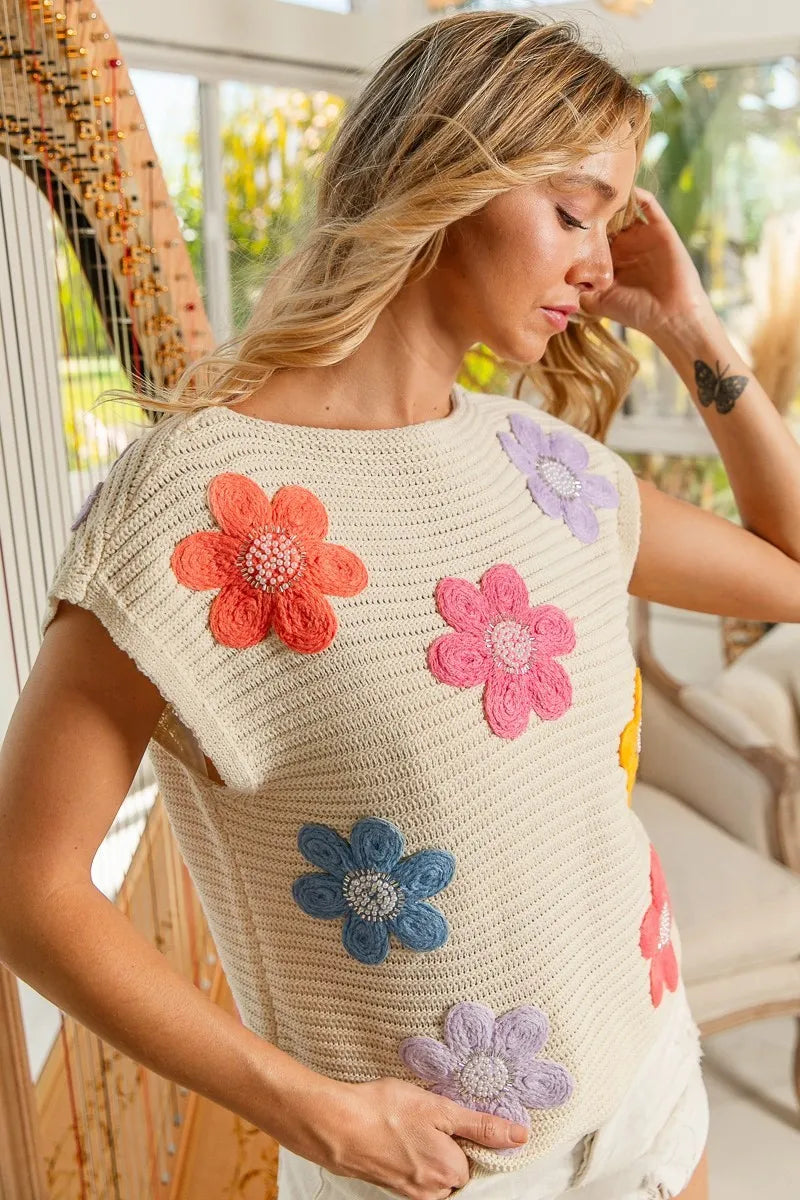 BiBi Multi Jeweled Crochet Flower Patch Knit Sweater Vest