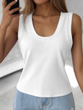A front view of a solid color scoop neck tank top showing the sleeveless cut and opaque fabric texture.