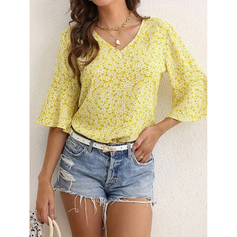 Womens Blue Floral V-Neck Blouse with Flare Sleeves - Image 7