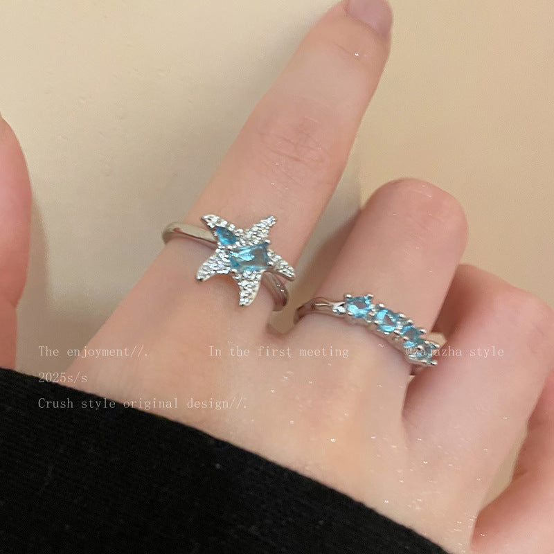 Blue Star Zircon Ring For Women, Luxury Niche High-End Index Finger Ring, Fashion Stackable Adjustable Band
