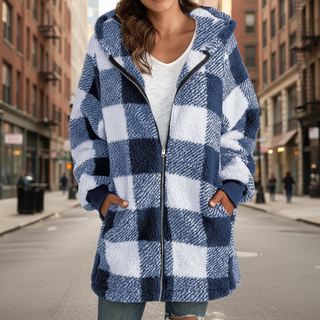 Women's Plaid Hooded Zip-Up Fleece Jacket Oversized Winter Coat - Image 9