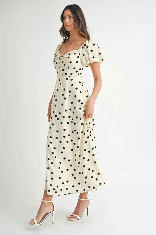 Vintage Polka Dot Puff Sleeve Midi Dress with Retro Flutter
