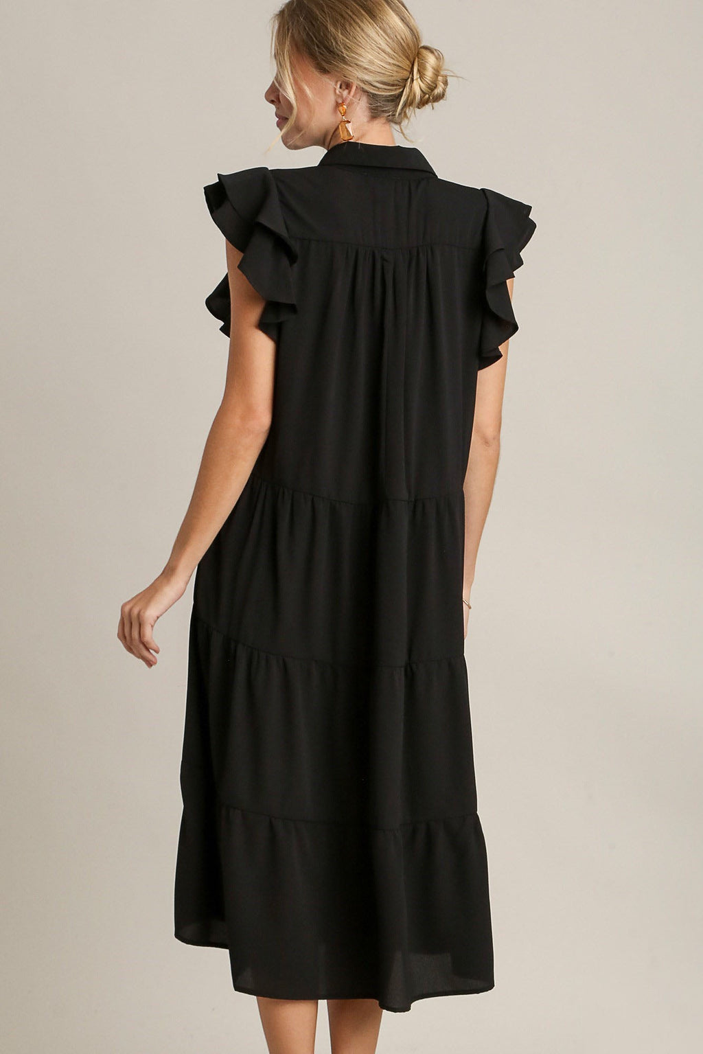 Ruffle Cap Sleeve Tiered Dress: Minimalist Black Evening Dress