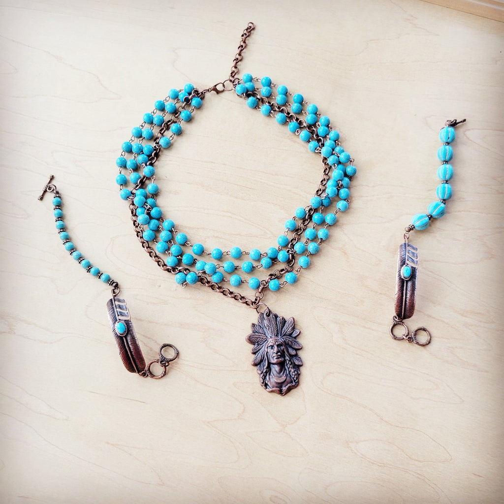 Turquoise Beaded Bracelet with Copper Feather