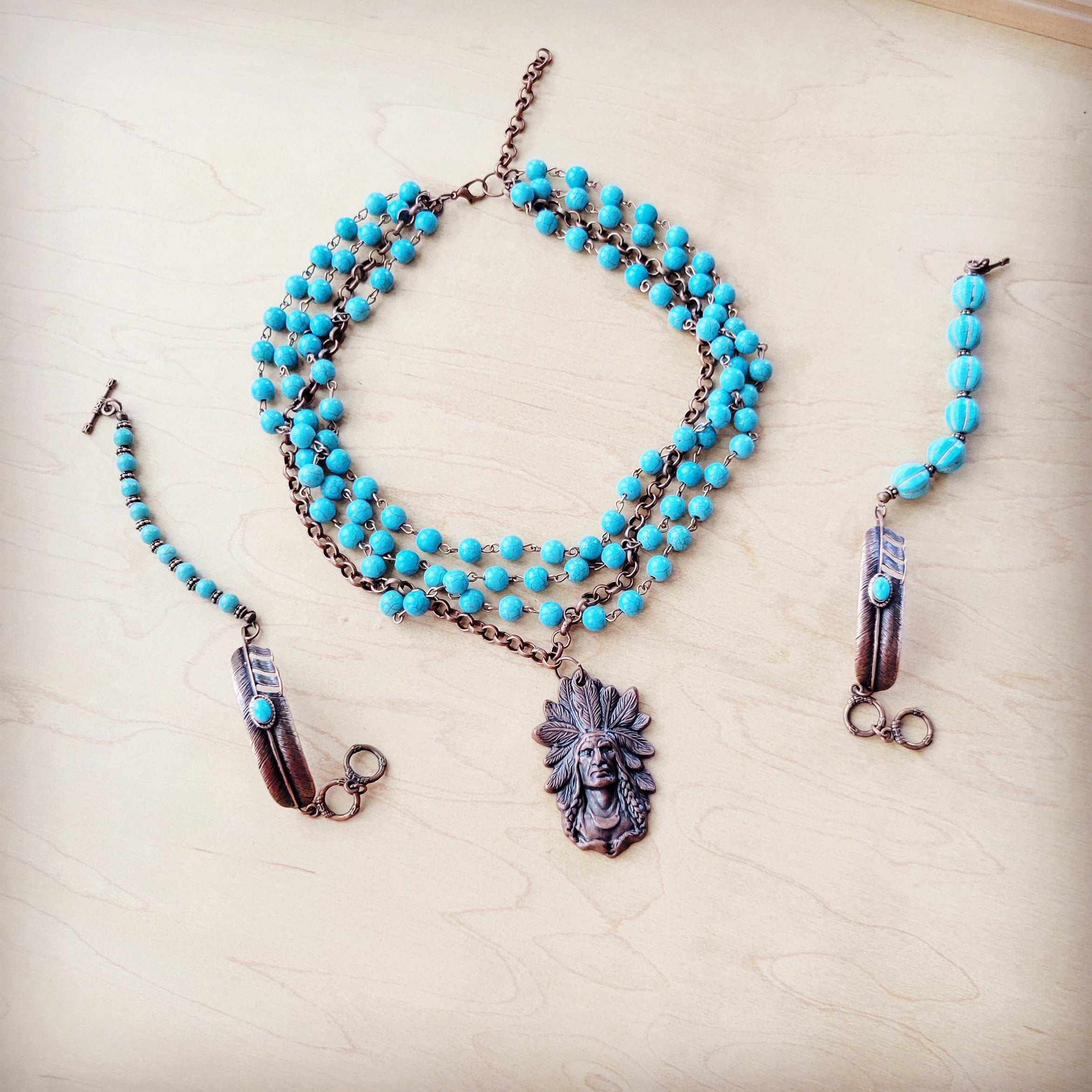 Round Blue Turquoise Beaded Bracelet on Copper Feather 810t