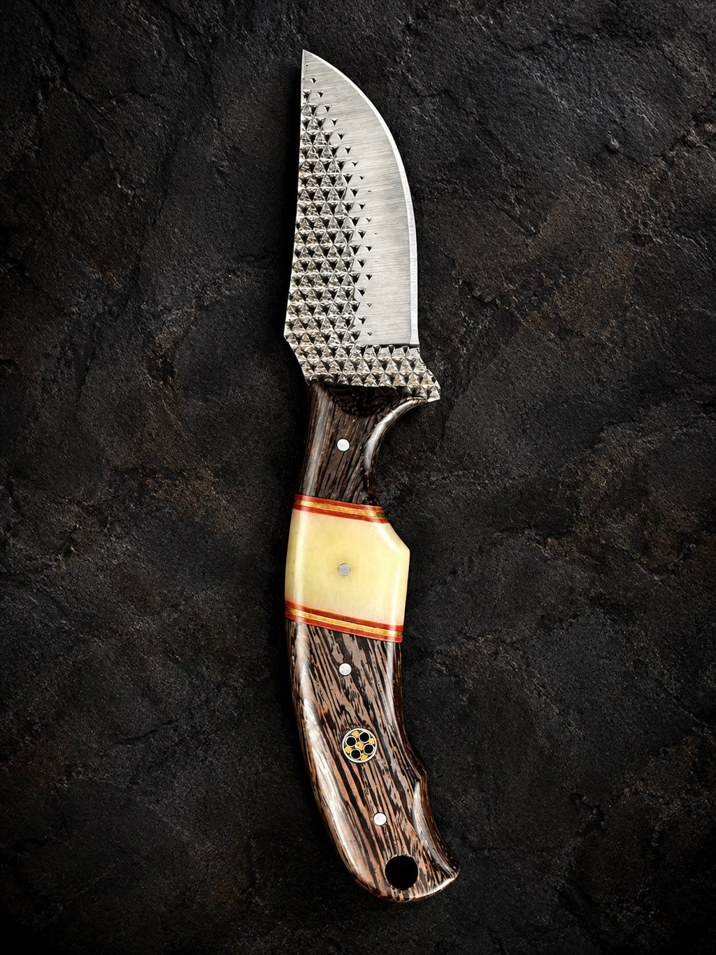 Titan "Shadow Grain" Skinner | High Carbon RASP Steel Blade, Striped Wood Handle TIK-004